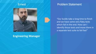 Ernest
Engineering Manager
“Our builds take a long time to finish
and we have some very flaky tests
which fail in the end. How can I
identify those tests and move them in
a separate test suite to fail fast”
Problem Statement
 