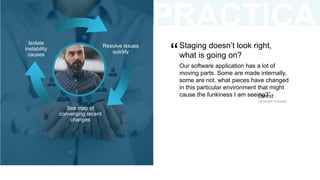 PRACTICA
L
34
Resolve issues
quickly
See map of
converging recent
changes
Isolate
instability
causes
Ernest
Developer manager
Staging doesn’t look right,
what is going on?
Our software application has a lot of
moving parts. Some are made internally,
some are not. what pieces have changed
in this particular environment that might
cause the funkiness I am seeing?”
“
 