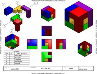 Parts List
PART NUMBERQTYITEM
green part11
blue part12
Gold part13
purple part14
red part15
PRODUCED BY AN AUTODESK EDUCATIONAL PRODUCT
PRODUCED BY AN AUTODESK EDUCATIONAL PRODUCTPRODUCEDBYANAUTODESKEDUCATIONALPRODUCT
PRODUCEDBYANAUTODESKEDUCATIONALPRODUCT
STUDENT NAME DRAWING NAME SCALE DATE
patton3880 Full Cube.iam Varies
10/14/2010
4
5
2
3
1
 