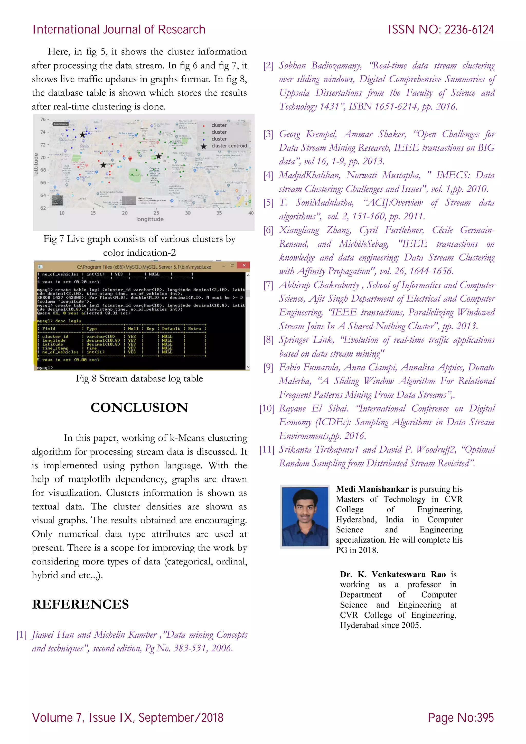 Here, in fig 5, it shows the cluster
after processing the data stream. In fig 6 and fig 7, it
shows live traffic updates in graphs format. In fig 8,
the database table is shown which stores the results
after real-time clustering is done.
Fig 7 Live graph consists of various clus
color indication-2
Fig 8 Stream database log table
CONCLUSION
In this paper, working of k-Means
algorithm for processing stream data is
is implemented using python language.
help of matplotlib dependency, graph
for visualization. Clusters information is shown as
textual data. The cluster densities are shown as
visual graphs. The results obtained are encouraging.
Only numerical data type attributes
present. There is a scope for improving the
considering more types of data (categorical, ordinal,
hybrid and etc..,).
REFERENCES
[1] Jiawei Han and Michelin Kamber ,”Data mining Concepts
and techniques”, second edition, Pg No. 383-
Here, in fig 5, it shows the cluster information
after processing the data stream. In fig 6 and fig 7, it
shows live traffic updates in graphs format. In fig 8,
the database table is shown which stores the results
ph consists of various clusters by
8 Stream database log table
Means clustering
algorithm for processing stream data is discussed. It
is implemented using python language. With the
graphs are drawn
Clusters information is shown as
textual data. The cluster densities are shown as
are encouraging.
are used at
ing the work by
considering more types of data (categorical, ordinal,
Data mining Concepts
-531, 2006.
[2] Sobhan Badiozamany, “Real
over sliding windows, Digital Comprehensive Summaries of
Uppsala Dissertations from the Faculty of Science and
Technology 1431”, ISBN 1651
[3] Georg Krempel, Ammar Shaker,
Data Stream Mining Research, IEEE transa
data”, vol 16, 1-9, pp. 2013.
[4] MadjidKhalilian, Norwati Mustapha, "
stream Clustering: Challenges and Issues"
[5] T. SoniMadulatha, “ACIJ:
algorithms”, vol. 2, 151-160, pp. 2011.
[6] Xiangliang Zhang, Cyril Furtlehner, Cécile Germain
Renaud, and MichèleSebag, "
knowledge and data engineering:
with Affinity Propagation", vol. 26, 1644
[7] Abhirup Chakraborty , School of Informatics and Computer
Science, Ajit Singh Department of Electrical and Computer
Engineering, “IEEE transactions,
Stream Joins In A Shared-Nothing Cluster"
[8] Springer Link, “Evolution of real
based on data stream mining"
[9] Fabio Fumarola, Anna Ciampi, Annalisa Appice, Donato
Malerba, “A Sliding Window Algorithm For Relational
Frequent Patterns Mining From Data Streams”
[10] Rayane El Sibai. “International Conference on Digital
Economy (ICDEc): Sampling Algorithms in Data Stream
Environments,pp. 2016.
[11] Srikanta Tirthapura1 and David P. Woodruff2, “
Random Sampling from Distributed Stream
Medi Manishankar
Masters of Technology in CVR
College of Engineering,
Hyderabad, India in Computer
Science
specialization. He will complete his
PG in 2018.
Dr. K. Venkateswara Rao
working as a professor in
Department of Computer
Science and Engineering at
CVR College of Engineering
Hyderabad since 2005.
Real-time data stream clustering
over sliding windows, Digital Comprehensive Summaries of
Uppsala Dissertations from the Faculty of Science and
1651-6214, pp. 2016.
Georg Krempel, Ammar Shaker, “Open Challenges for
Data Stream Mining Research, IEEE transactions on BIG
9, pp. 2013.
MadjidKhalilian, Norwati Mustapha, " IMECS: Data
stream Clustering: Challenges and Issues", vol. 1,pp. 2010.
ACIJ:Overview of Stream data
160, pp. 2011.
ang, Cyril Furtlehner, Cécile Germain-
Renaud, and MichèleSebag, "IEEE transactions on
knowledge and data engineering: Data Stream Clustering
vol. 26, 1644-1656.
Abhirup Chakraborty , School of Informatics and Computer
Ajit Singh Department of Electrical and Computer
IEEE transactions, Parallelizing Windowed
Nothing Cluster", pp. 2013.
Springer Link, “Evolution of real-time traffic applications
based on data stream mining"
arola, Anna Ciampi, Annalisa Appice, Donato
Malerba, “A Sliding Window Algorithm For Relational
Frequent Patterns Mining From Data Streams”,.
International Conference on Digital
Sampling Algorithms in Data Stream
Srikanta Tirthapura1 and David P. Woodruff2, “Optimal
Random Sampling from Distributed Stream Revisited”.
Manishankar is pursuing his
Masters of Technology in CVR
College of Engineering,
, India in Computer
Science and Engineering
specialization. He will complete his
Venkateswara Rao is
working as a professor in
Department of Computer
Science and Engineering at
CVR College of Engineering,
Hyderabad since 2005.
International Journal of Research
Volume 7, Issue IX, September/2018
ISSN NO: 2236-6124
Page No:395
 