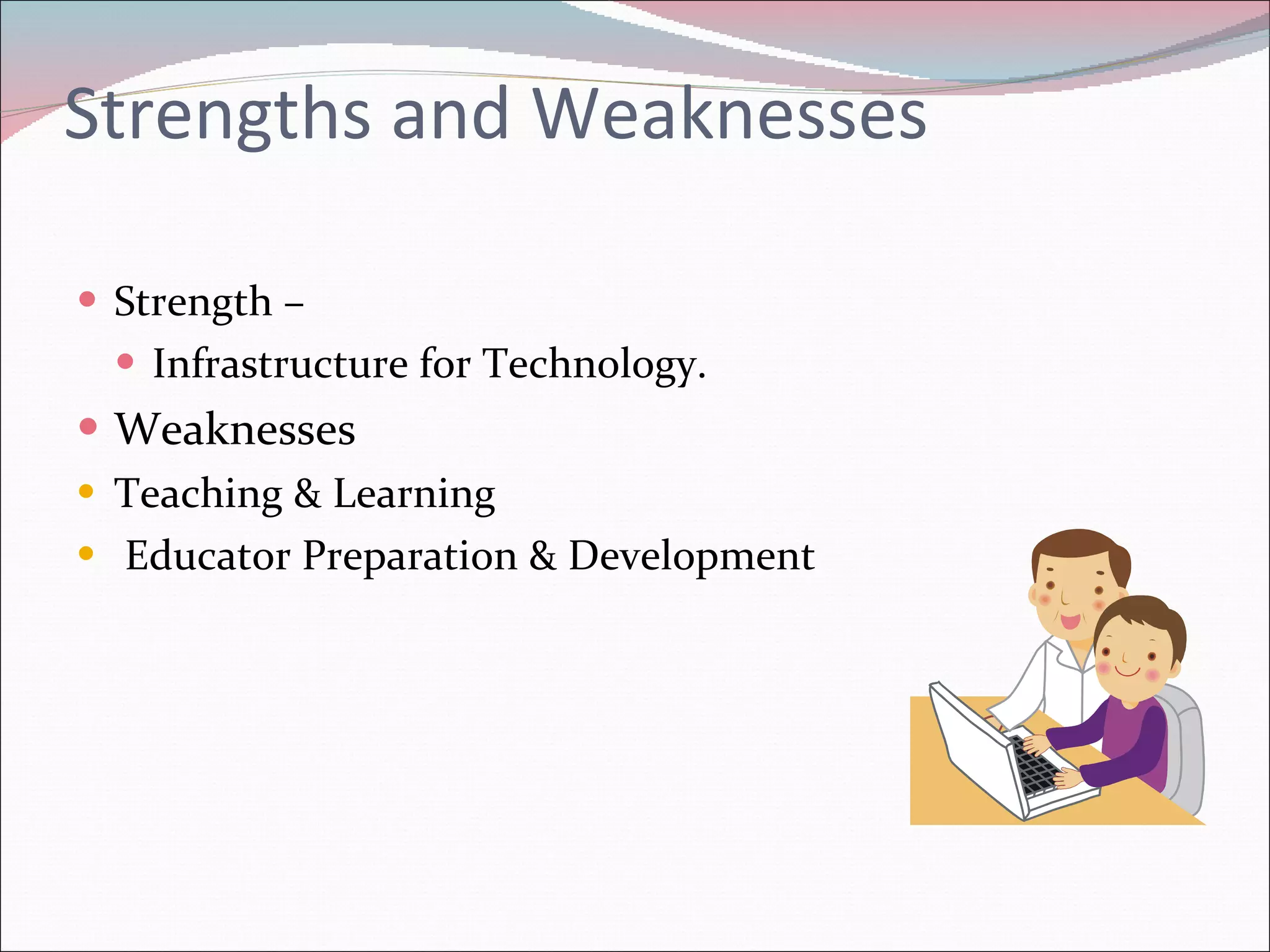 Strengths and Weaknesses Strength – Infrastructure for Technology.  Weaknesses Teaching & Learning  Educator Preparation & Development 