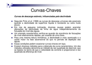 Curvas-Chaves
Curvas de descarga estáveis, influenciadas pela declividade

Segundo Pinto et al. (1998) as curvas de descarga unívocas são possíveis
quando a declividade da superfície líquida é constante ou varia muito
pouco.
Em rios de pequena inclinação, diversas causas podem acarretar
alterações de declividade da linha de água independentemente da
flutuação do nível das águas.
Um exemplo característico verifica-se quando da ocorrência de flutuações
de nível relativamente rápidas, por ocasião de uma cheia.
Para uma mesma leitura linimétrica, a declividade é mais acentuada e a
vazão maior na fase ascensional do que no período de depleção das
águas.
Essas condições podem ocasionar curvas-chaves em laço.
Existem diversos métodos para a obtenção da curva característica. Um dos
métodos utilizados denomina-se método da raiz quadrada do desnível, que
se baseia na teoria de que a velocidade da corrente é proporcional à raiz
quadrada da diferença de nível.


                                                                       25
 