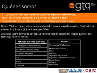 Quiénes somos
GTQ desarrolla sensores químicos con tecnología microelectrónica, 
con el objetivo de integrarlos para formar un “lab on a chip” 
con capacidad de ejecutar funciones de laboratorio a micro escala.
Desde 2001 se comercializan sensores basados en nuestros desarrollos, fabricados en 
nuestra Sala Blanca (3,2 mill. sensores/año):
una de las cuatro del mundo con capacidad de fabricación estable de sensores químicos con 
tecnología microelectrónica.

                Actividad científica 2004-2009                  Equipo

               37 Proyectos (4 Internacionales)   34 personas, 50% Doctores
                                                  Multidisciplinariedad:
               94 artículos científicos con SCI
                                                  Físicos
               5 Patentes Nacionales              Químicos
                                                  Ingenieros electrónicos
               9 PCT                              Ingenieros en Telecomunicaciones
                                                  Biotecnólogos
               6 Tesis                            Biólogos
               2 Spin Off                         Veterinarios
 