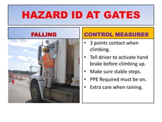 HAZARD ID AT GATES
FALLING CONTROL MEASURES
• 3 points contact when
climbing.
• Tell driver to activate hand
brake before climbing up.
• Make sure stable steps.
• PPE Required must be on.
• Extra care when raining.
 