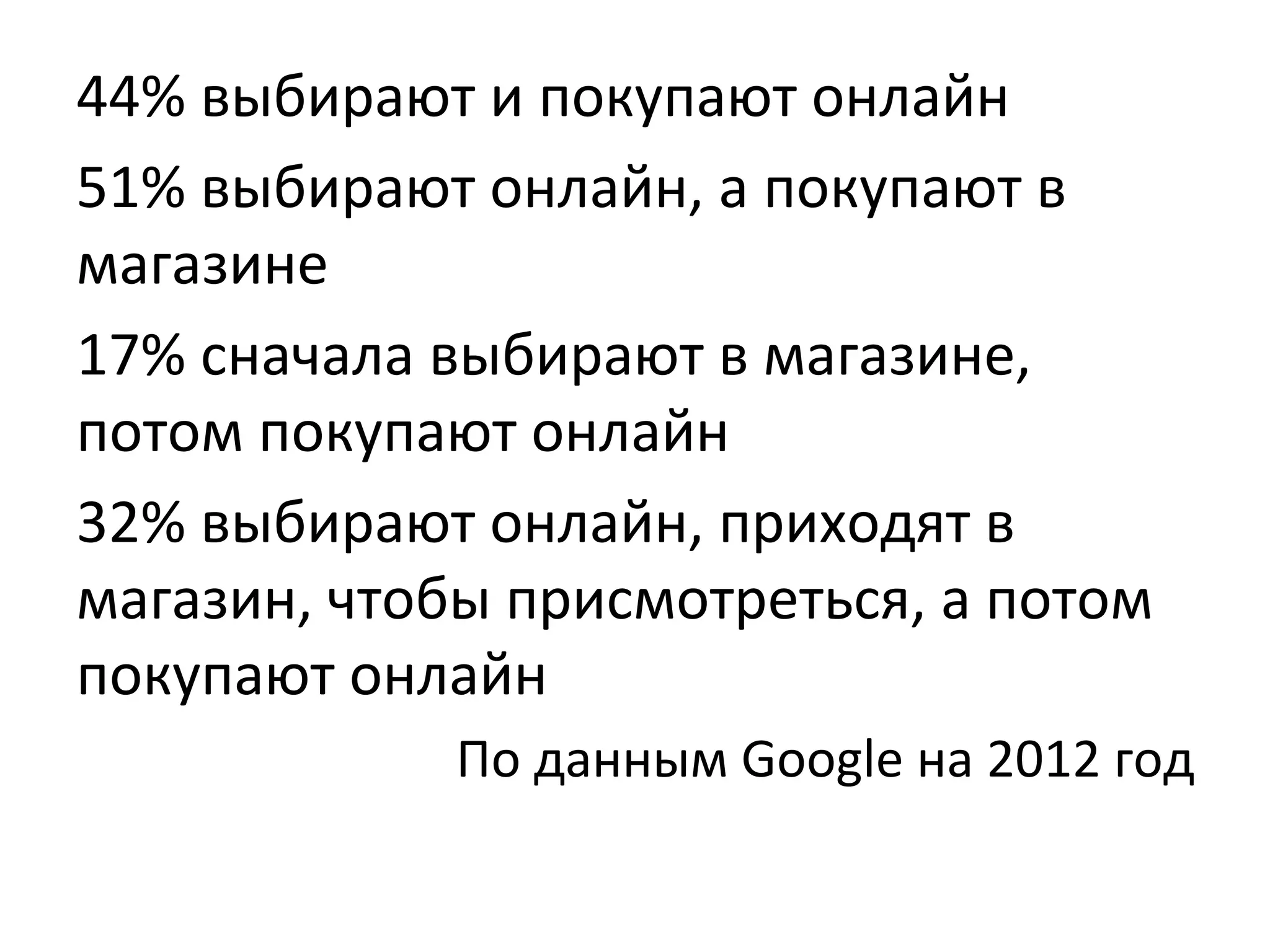 44%	
  выбирают	
  и	
  покупают	
  онлайн	
  
51%	
  выбирают	
  онлайн,	
  а	
  покупают	
  в	
  
магазине	
  	
  
17%	
  сначала	
  выбирают	
  в	
  магазине,	
  
потом	
  покупают	
  онлайн	
  
32%	
  выбирают	
  онлайн,	
  приходят	
  в	
  
магазин,	
  чтобы	
  присмотреться,	
  а	
  потом	
  
покупают	
  онлайн	
  
По	
  данным	
  Google	
  на	
  2012	
  год	
  
 