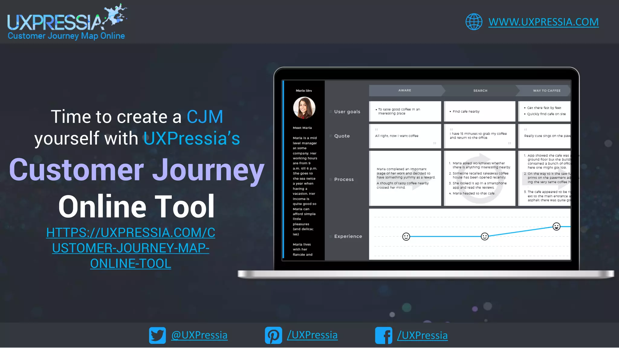 @UXPressia /UXPressia /UXPressia
WWW.UXPRESSIA.COM
Customer Journey
Online Tool
HTTPS://UXPRESSIA.COM/C
USTOMER-JOURNEY-MAP-
ONLINE-TOOL
Time to create a CJM
yourself with UXPressia’s
 
