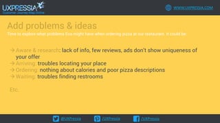@UXPressia /UXPressia /UXPressia
WWW.UXPRESSIA.COM
Add problems & ideas
Time to explore what problems Eva might have when ordering pizza at our restaurant. It could be:
Aware & research: lack of info, few reviews, ads don’t show uniqueness of
your offer
Arriving: troubles locating your place
Ordering: nothing about calories and poor pizza descriptions
Waiting: troubles finding restrooms
Etc.
 