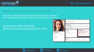 @UXPressia /UXPressia /UXPressia
WWW.UXPRESSIA.COM
Define your customer persona
Persona is a collective image of a particular group of your customers
which describes their background, goals, motivations, pain points etc.
Our persona will be Eva Molin.
She’s 29, works as a journalist in LA, USA.
 