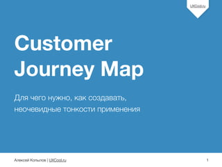 Алексей Копылов | UXCool.ru 
UXCool.ru 
Customer 
Journey Map 
! 
Для чего нужно, как создавать, 
неочевидные тонкости применения 
1 
 