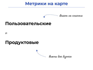 Метрики на карте
Пользовательские
Продуктовые
и
влияет на клиента
важны для бизнеса
 