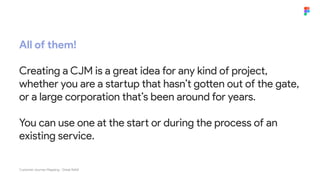 All of them!
Creating a CJM is a great idea for any kind of project,
whether you are a startup that hasn’t gotten out of the gate,
or a large corporation that’s been around for years.
You can use one at the start or during the process of an
existing service.
Customer Journey Mapping - Great Ndidi
 