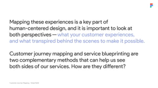 Mapping these experiences is a key part of
human-centered design, and it is important to look at
both perspectives — what your customer experiences,
and what transpired behind the scenes to make it possible.
Customer journey mapping and service blueprinting are
two complementary methods that can help us see
both sides of our services. How are they different?
Customer Journey Mapping - Great Ndidi
 