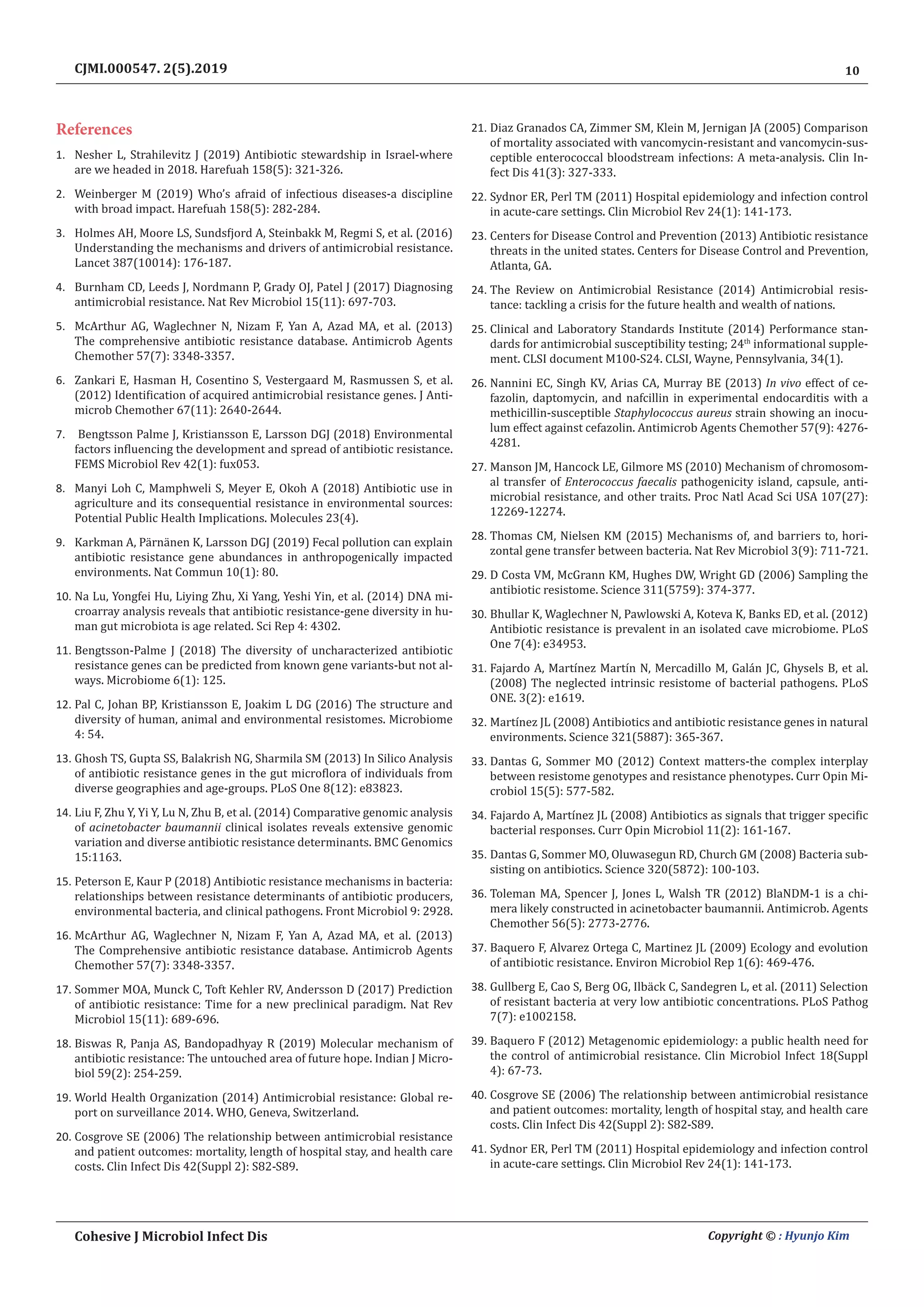 10
Cohesive J Microbiol Infect Dis Copyright © : Hyunjo Kim
CJMI.000547. 2(5).2019
References
1.	 Nesher L, Strahilevitz J (2019) Antibiotic stewardship in Israel-where
are we headed in 2018. Harefuah 158(5): 321-326.
2.	 Weinberger M (2019) Who’s afraid of infectious diseases-a discipline
with broad impact. Harefuah 158(5): 282-284.
3.	 Holmes AH, Moore LS, Sundsfjord A, Steinbakk M, Regmi S, et al. (2016)
Understanding the mechanisms and drivers of antimicrobial resistance.
Lancet 387(10014): 176-187.
4.	 Burnham CD, Leeds J, Nordmann P, Grady OJ, Patel J (2017) Diagnosing
antimicrobial resistance. Nat Rev Microbiol 15(11): 697-703.
5.	 McArthur AG, Waglechner N, Nizam F, Yan A, Azad MA, et al. (2013)
The comprehensive antibiotic resistance database. Antimicrob Agents
Chemother 57(7): 3348-3357.
6.	 Zankari E, Hasman H, Cosentino S, Vestergaard M, Rasmussen S, et al.
(2012) Identification of acquired antimicrobial resistance genes. J Anti-
microb Chemother 67(11): 2640-2644.
7.	 Bengtsson Palme J, Kristiansson E, Larsson DGJ (2018) Environmental
factors influencing the development and spread of antibiotic resistance.
FEMS Microbiol Rev 42(1): fux053.
8.	 Manyi Loh C, Mamphweli S, Meyer E, Okoh A (2018) Antibiotic use in
agriculture and its consequential resistance in environmental sources:
Potential Public Health Implications. Molecules 23(4).
9.	 Karkman A, Pärnänen K, Larsson DGJ (2019) Fecal pollution can explain
antibiotic resistance gene abundances in anthropogenically impacted
environments. Nat Commun 10(1): 80.
10.	Na Lu, Yongfei Hu, Liying Zhu, Xi Yang, Yeshi Yin, et al. (2014) DNA mi-
croarray analysis reveals that antibiotic resistance-gene diversity in hu-
man gut microbiota is age related. Sci Rep 4: 4302.
11.	Bengtsson-Palme J (2018) The diversity of uncharacterized antibiotic
resistance genes can be predicted from known gene variants-but not al-
ways. Microbiome 6(1): 125.
12.	Pal C, Johan BP, Kristiansson E, Joakim L DG (2016) The structure and
diversity of human, animal and environmental resistomes. Microbiome
4: 54.
13.	Ghosh TS, Gupta SS, Balakrish NG, Sharmila SM (2013) In Silico Analysis
of antibiotic resistance genes in the gut microflora of individuals from
diverse geographies and age-groups. PLoS One 8(12): e83823.
14.	Liu F, Zhu Y, Yi Y, Lu N, Zhu B, et al. (2014) Comparative genomic analysis
of acinetobacter baumannii clinical isolates reveals extensive genomic
variation and diverse antibiotic resistance determinants. BMC Genomics
15:1163.
15.	Peterson E, Kaur P (2018) Antibiotic resistance mechanisms in bacteria:
relationships between resistance determinants of antibiotic producers,
environmental bacteria, and clinical pathogens. Front Microbiol 9: 2928.
16.	McArthur AG, Waglechner N, Nizam F, Yan A, Azad MA, et al. (2013)
The Comprehensive antibiotic resistance database. Antimicrob Agents
Chemother 57(7): 3348-3357.
17.	Sommer MOA, Munck C, Toft Kehler RV, Andersson D (2017) Prediction
of antibiotic resistance: Time for a new preclinical paradigm. Nat Rev
Microbiol 15(11): 689-696.
18.	Biswas R, Panja AS, Bandopadhyay R (2019) Molecular mechanism of
antibiotic resistance: The untouched area of future hope. Indian J Micro-
biol 59(2): 254-259.
19.	World Health Organization (2014) Antimicrobial resistance: Global re-
port on surveillance 2014. WHO, Geneva, Switzerland.
20.	Cosgrove SE (2006) The relationship between antimicrobial resistance
and patient outcomes: mortality, length of hospital stay, and health care
costs. Clin Infect Dis 42(Suppl 2): S82-S89.
21.	Diaz Granados CA, Zimmer SM, Klein M, Jernigan JA (2005) Comparison
of mortality associated with vancomycin-resistant and vancomycin-sus-
ceptible enterococcal bloodstream infections: A meta-analysis. Clin In-
fect Dis 41(3): 327-333.
22.	Sydnor ER, Perl TM (2011) Hospital epidemiology and infection control
in acute-care settings. Clin Microbiol Rev 24(1): 141-173.
23.	Centers for Disease Control and Prevention (2013) Antibiotic resistance
threats in the united states. Centers for Disease Control and Prevention,
Atlanta, GA.
24.	The Review on Antimicrobial Resistance (2014) Antimicrobial resis-
tance: tackling a crisis for the future health and wealth of nations.
25.	Clinical and Laboratory Standards Institute (2014) Performance stan-
dards for antimicrobial susceptibility testing; 24th
informational supple-
ment. CLSI document M100-S24. CLSI, Wayne, Pennsylvania, 34(1).
26.	Nannini EC, Singh KV, Arias CA, Murray BE (2013) In vivo effect of ce-
fazolin, daptomycin, and nafcillin in experimental endocarditis with a
methicillin-susceptible Staphylococcus aureus strain showing an inocu-
lum effect against cefazolin. Antimicrob Agents Chemother 57(9): 4276-
4281.
27.	Manson JM, Hancock LE, Gilmore MS (2010) Mechanism of chromosom-
al transfer of Enterococcus faecalis pathogenicity island, capsule, anti-
microbial resistance, and other traits. Proc Natl Acad Sci USA 107(27):
12269-12274.
28.	Thomas CM, Nielsen KM (2015) Mechanisms of, and barriers to, hori-
zontal gene transfer between bacteria. Nat Rev Microbiol 3(9): 711-721.
29.	D Costa VM, McGrann KM, Hughes DW, Wright GD (2006) Sampling the
antibiotic resistome. Science 311(5759): 374-377.
30.	Bhullar K, Waglechner N, Pawlowski A, Koteva K, Banks ED, et al. (2012)
Antibiotic resistance is prevalent in an isolated cave microbiome. PLoS
One 7(4): e34953.
31.	Fajardo A, Martínez Martín N, Mercadillo M, Galán JC, Ghysels B, et al.
(2008) The neglected intrinsic resistome of bacterial pathogens. PLoS
ONE. 3(2): e1619.
32.	Martínez JL (2008) Antibiotics and antibiotic resistance genes in natural
environments. Science 321(5887): 365-367.
33.	Dantas G, Sommer MO (2012) Context matters-the complex interplay
between resistome genotypes and resistance phenotypes. Curr Opin Mi-
crobiol 15(5): 577-582.
34.	Fajardo A, Martínez JL (2008) Antibiotics as signals that trigger specific
bacterial responses. Curr Opin Microbiol 11(2): 161-167.
35.	Dantas G, Sommer MO, Oluwasegun RD, Church GM (2008) Bacteria sub-
sisting on antibiotics. Science 320(5872): 100-103.
36.	Toleman MA, Spencer J, Jones L, Walsh TR (2012) BlaNDM-1 is a chi-
mera likely constructed in acinetobacter baumannii. Antimicrob. Agents
Chemother 56(5): 2773-2776.
37.	Baquero F, Alvarez Ortega C, Martinez JL (2009) Ecology and evolution
of antibiotic resistance. Environ Microbiol Rep 1(6): 469-476.
38.	Gullberg E, Cao S, Berg OG, Ilbäck C, Sandegren L, et al. (2011) Selection
of resistant bacteria at very low antibiotic concentrations. PLoS Pathog
7(7): e1002158.
39.	Baquero F (2012) Metagenomic epidemiology: a public health need for
the control of antimicrobial resistance. Clin Microbiol Infect 18(Suppl
4): 67-73.
40.	Cosgrove SE (2006) The relationship between antimicrobial resistance
and patient outcomes: mortality, length of hospital stay, and health care
costs. Clin Infect Dis 42(Suppl 2): S82-S89.
41.	Sydnor ER, Perl TM (2011) Hospital epidemiology and infection control
in acute-care settings. Clin Microbiol Rev 24(1): 141-173.
 