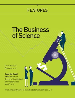 From Bench to
Business pg. 18
Down the Rabbit
Hole: How Much
Access to Your Medical
Information is Too
Much? pg. 22
The Complex Dynamic of Canada’s Laboratory Services pg. 27
features
TheBusiness
ofScience
 