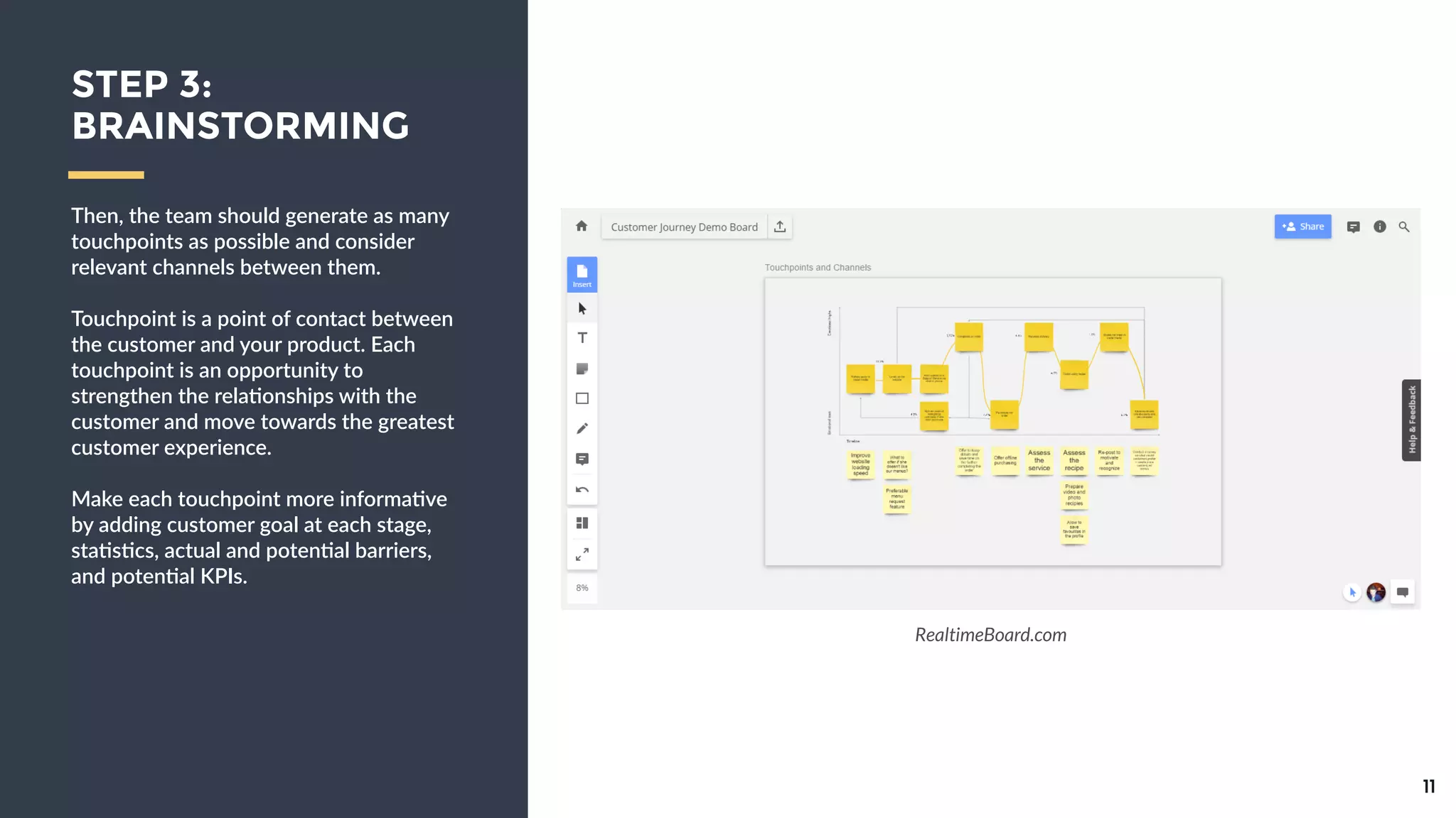 Then,  the  team  should  generate  as  many  
touchpoints  as  possible  and  consider  
relevant  channels  between  them.    
!
Touchpoint  is  a  point  of  contact  between  
the  customer  and  your  product.  Each  
touchpoint  is  an  opportunity  to  
strengthen  the  rela9onships  with  the  
customer  and  move  towards  the  greatest  
customer  experience.  
!
Make  each  touchpoint  more  informa9ve  
by  adding  customer  goal  at  each  stage,  
sta9s9cs,  actual  and  poten9al  barriers,  
and  poten9al  KPIs.
11
STEP 3:
BRAINSTORMING
RealtimeBoard.com
 