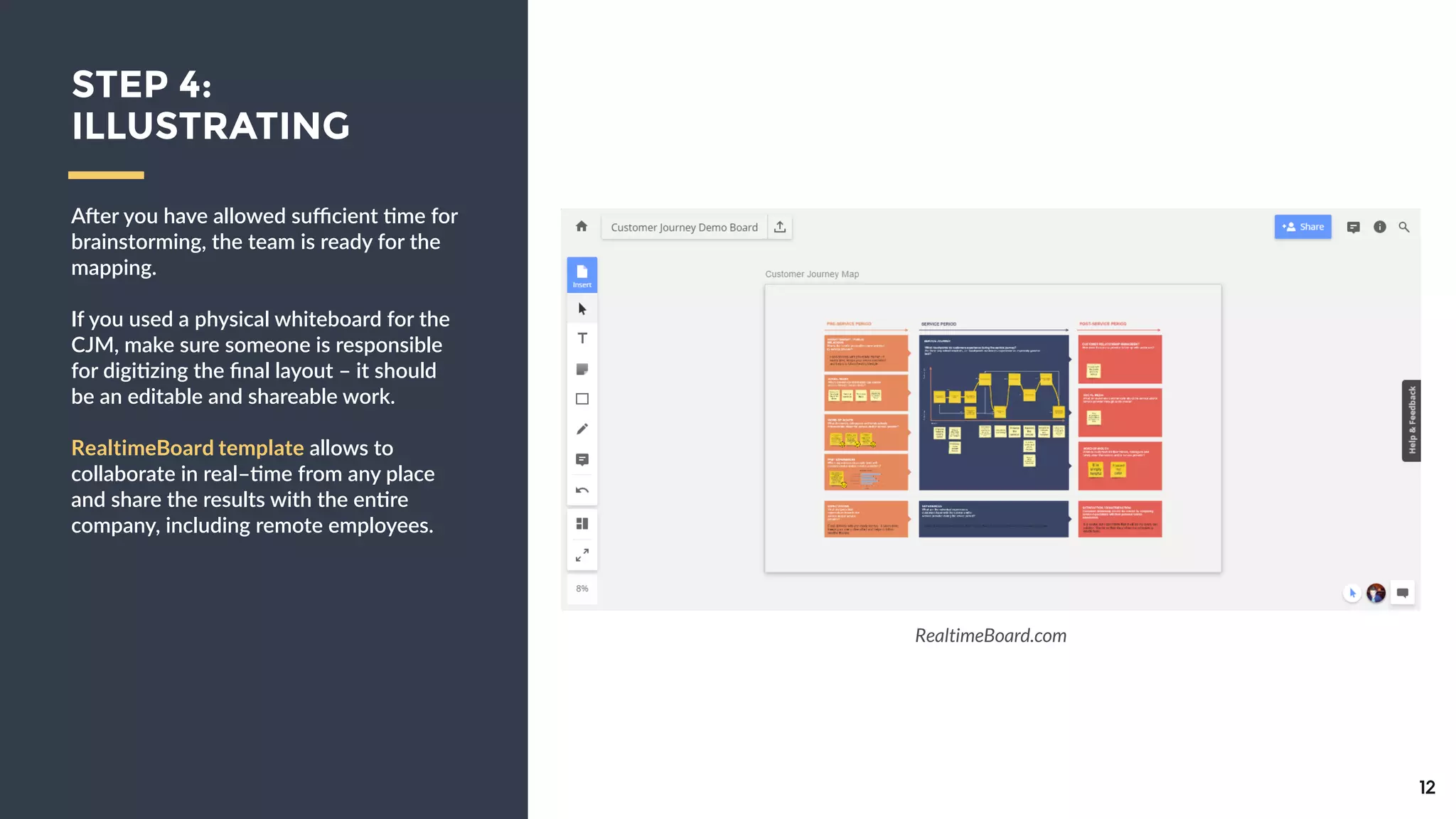 Ader  you  have  allowed  suﬃcient  9me  
for  brainstorming,  the  team  is  ready    
for  the  mapping.  
!
If  you  used  a  physical  whiteboard  for  
the  CJM,  make  sure  someone  is  
responsible  for  digi9zing  the  ﬁnal  
layout  –  it  should  be  an  editable  and  
shareable  work.  
!
RealtimeBoard template  allows  to  
collaborate  in  real–9me  from  any  place  
and  share  the  results  with  the  en9re  
company,  including  remote  employees.
12
STEP 4:
ILLUSTRATING
RealtimeBoard.com
 