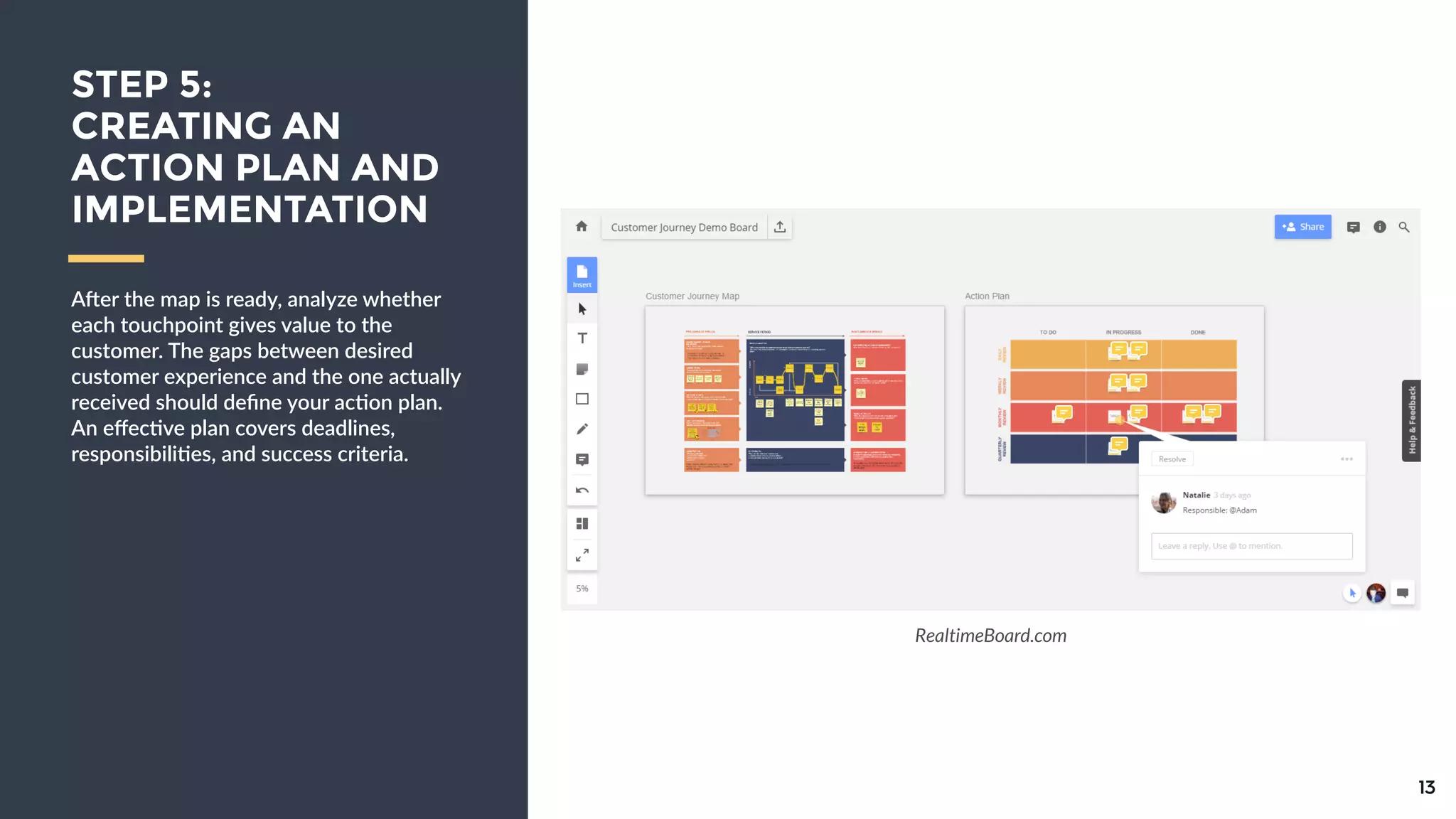 13
Ader  the  map  is  ready,  analyze  whether  
each  touchpoint  gives  value  to  the  
customer.  The  gaps  between  desired  
customer  experience  and  the  one  
actually  received  should  deﬁne  your  
ac9on  plan.  An  eﬀec9ve  plan  covers  
deadlines,  responsibili9es,  and  success  
criteria.  
STEP 5:
CREATING AN
ACTION PLAN AND
IMPLEMENTATION
RealtimeBoard.com
 