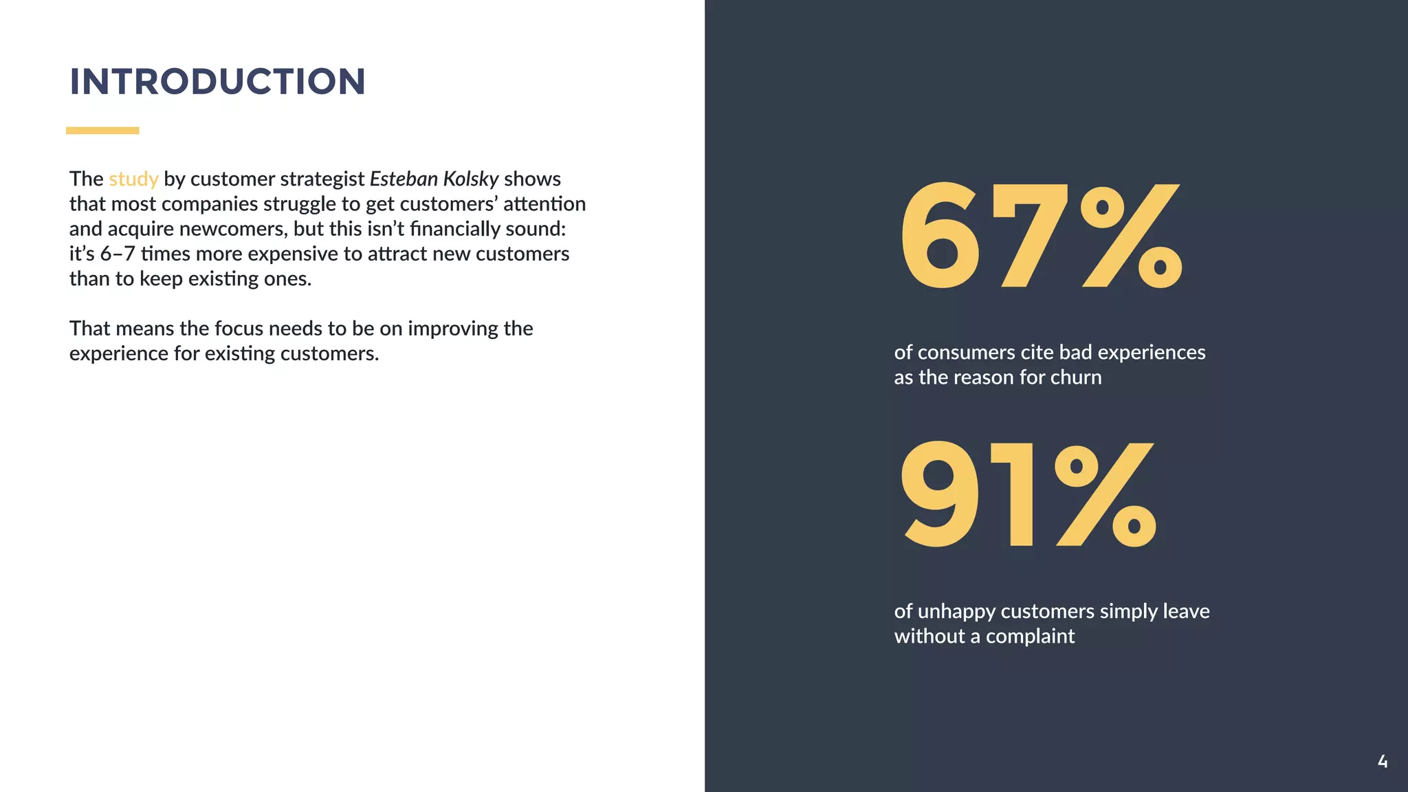 INTRODUCTION
The  study  by  customer  strategist  Esteban  Kolsky  
shows  that  most  companies  struggle  to  get  
customers’  a[en9on  and  acquire  newcomers,  but  this  
isn’t  ﬁnancially  sound:  it’s  6–7  9mes  more  expensive  
to  a[ract  new  customers  than  to  keep  exis9ng  ones.  
!
That  means  the  focus  needs  to  be  on  improving  the  
experience  for  exis9ng  customers.  
4
67%of  consumers  cite  bad  experiences  
as  the  reason  for  churn
91%of  unhappy  customers  simply  leave  
without  a  complaint
 