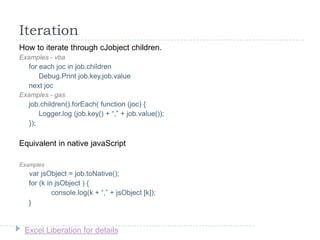 Excel Liberation for details
Iteration
How to iterate through cJobject children.
Examples - vba
for each joc in job.children
Debug.Print job.key,job.value
next joc
Examples - gas
job.children().forEach( function (joc) {
Logger.log (job.key() + “,” + job.value());
});
Equivalent in native javaScript
Examples
var jsObject = job.toNative();
for (k in jsObject ) {
console.log(k + “,” + jsObject [k]);
}
 