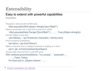 Excel Liberation for details
Extensibility
Easy to extend with powerful capabilities
Examples
Populate a data set with JSON data
dSet.populateJSON jobject, Range("json1!$a$1")
Read a worksheet into a dset and convert it to JSON
dSet.populateData( Range("jSon2!$a$1"), , , , , , True).jObject.stringify()
Get the fullkey of any item
job.fullKey() – eg Flintstones characters.1.family.name
Find a property somewhere
set wilma = job.find(“Wilma”)
Make a treeview from a cJobject contents to display on a form
set t= job. toTreeView(treeViewObject)
Access data returned from a rest API query
With restQuery(worksheetName, "my society", , "postcode", _
, , , False, False)
For Each job In .jObject.children ......
 