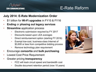 July 2014: E-Rate Modernization Order
• $1 billion for Wi-Fi upgrades in FY15 & FY16
• Ending or phasing out legacy services
• Streamline application process
• Electronic submission required by FY 2017
• Discounts based upon LEA averages
• Direct reimbursement option (starting FY 2016)
• Exempt low-cost, business-class Internet of
$3,600 or less from competitive bidding process
• Remove technology plan requirement
• Encourage consortia and bulk purchasing
• Lowest Cost Price Requirement
• Greater pricing transparency
• FCC will track circuit speed and bandwidth cost
• Double document retention period (now 10 years)
E-Rate Reform
 