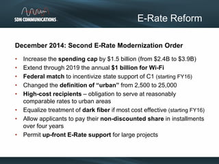 E-Rate Reform
December 2014: Second E-Rate Modernization Order
• Increase the spending cap by $1.5 billion (from $2.4B to $3.9B)
• Extend through 2019 the annual $1 billion for Wi-Fi
• Federal match to incentivize state support of C1 (starting FY16)
• Changed the definition of “urban” from 2,500 to 25,000
• High-cost recipients – obligation to serve at reasonably
comparable rates to urban areas
• Equalize treatment of dark fiber if most cost effective (starting FY16)
• Allow applicants to pay their non-discounted share in installments
over four years
• Permit up-front E-Rate support for large projects
 