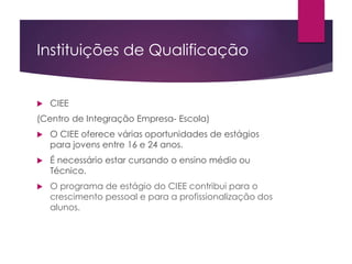 Instituições de Qualificação
 CIEE
(Centro de Integração Empresa- Escola)
 O CIEE oferece várias oportunidades de estágios
para jovens entre 16 e 24 anos.
 É necessário estar cursando o ensino médio ou
Técnico.
 O programa de estágio do CIEE contribui para o
crescimento pessoal e para a profissionalização dos
alunos.
 