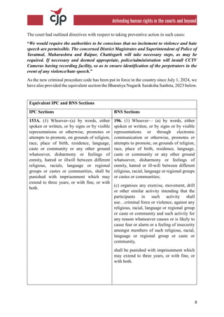 8
The court had outlined directives with respect to taking preventive action in such cases:
“We would require the authorities to be conscious that no incitement to violence and hate
speech are permissible. The concerned District Magistrates and Superintendent of Police of
Yavatmal, Maharashtra and Raipur, Chattisgarh will take necessary steps, as may be
required. If necessary and deemed appropriate, police/administration will install CCTV
Cameras having recording facility, so as to ensure identification of the perpetrators in the
event of any violence/hate speech.”
As the new criminal procedure code has been put in force in the country since July 1, 2024, we
have also provided the equivalent section the Bharatiya Nagarik Suraksha Sanhita, 2023 below.
Equivalent IPC and BNS Sections
IPC Sections BNS Sections
153A. (1) Whoever--(a) by words, either
spoken or written, or by signs or by visible
representations or otherwise, promotes or
attempts to promote, on grounds of religion,
race, place of birth, residence, language,
caste or community or any other ground
whatsoever, disharmony or feelings of
enmity, hatred or illwill between different
religious, racials, language or regional
groups or castes or communities, shall be
punished with imprisonment which may
extend to three years, or with fine, or with
both.
196. (1) Whoever— (a) by words, either
spoken or written, or by signs or by visible
representations or through electronic
communication or otherwise, promotes or
attempts to promote, on grounds of religion,
race, place of birth, residence, language,
caste or community or any other ground
whatsoever, disharmony or feelings of
enmity, hatred or ill-will between different
religious, racial, language or regional groups
or castes or communities;
(c) organises any exercise, movement, drill
or other similar activity intending that the
participants in such activity shall
use…criminal force or violence, against any
religious, racial, language or regional group
or caste or community and such activity for
any reason whatsoever causes or is likely to
cause fear or alarm or a feeling of insecurity
amongst members of such religious, racial,
language or regional group or caste or
community,
shall be punished with imprisonment which
may extend to three years, or with fine, or
with both.
 