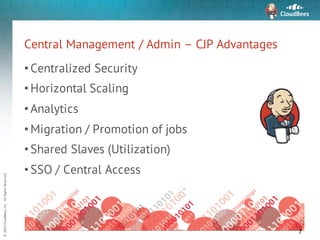 ©	2015	CloudBees,	Inc.		All	Rights	Reserved
Central Management / Admin – CJP Advantages
•Centralized Security
•Horizontal Scaling
•Analytics
•Migration / Promotion of jobs
•Shared Slaves (Utilization)
•SSO / Central Access
7
 