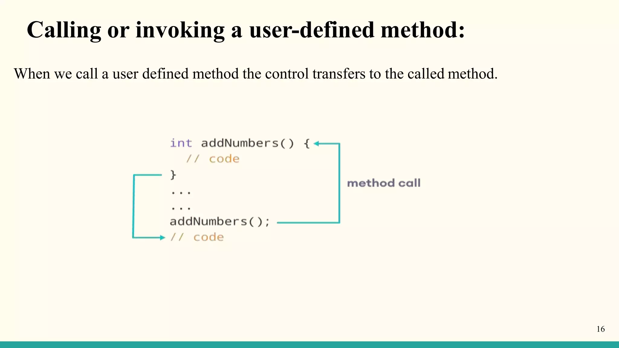 Calling or invoking a user-defined method:
When we call a user defined method the control transfers to the called method.
16
 