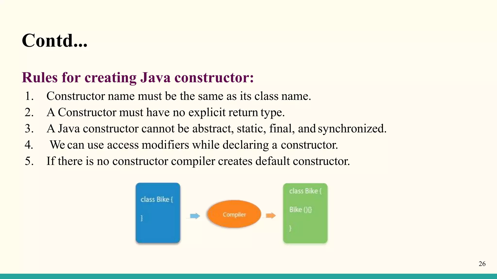 Contd...
Rules for creating Java constructor:
1. Constructor name must be the same as its class name.
2. A Constructor must have no explicit return type.
3. A Java constructor cannot be abstract, static, final, andsynchronized.
4. We can use access modifiers while declaring a constructor.
5. If there is no constructor compiler creates default constructor.
26
 