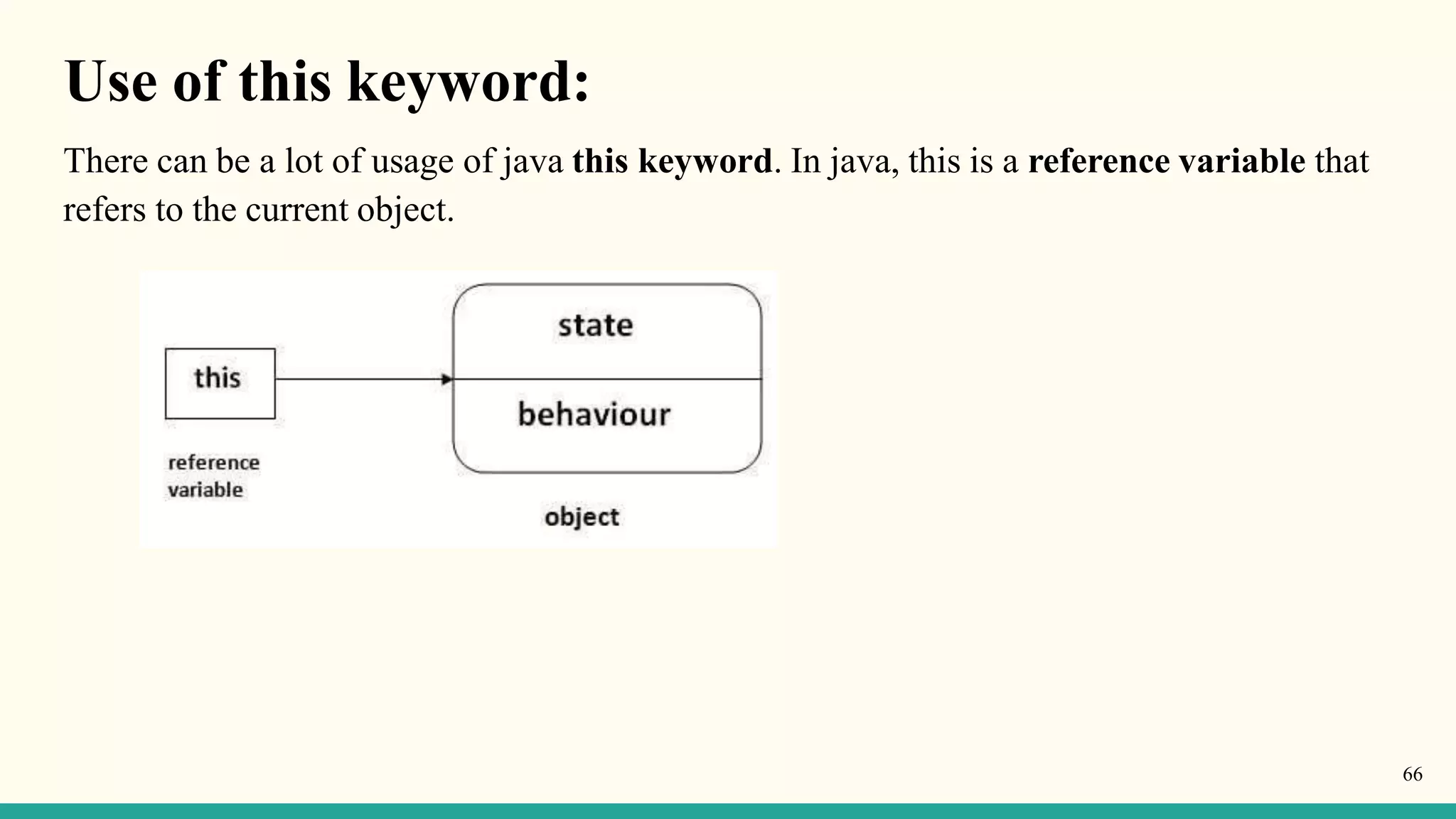 Use of this keyword:
There can be a lot of usage of java this keyword. In java, this is a reference variable that
refers to the current object.
66
 