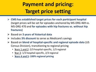 Payment and pricing:
Target price setting
 CMS has established target prices for each participant hospital
(target prices will be set for episodes anchored by MS-DRG 469 vs.
MS-DRG 470 and for episodes with hip fractures vs. without hip
fractures)
 Based on 3 years of historical data
 Includes 3% discount to serve as Medicare’s savings
 Based on blend of hospital-specific and regional episode data (US
Census Division), transitioning to regional pricing
• Years 1 and 2: 2/3 hospital-specific, 1/3 regional
• Year 3: 1/3 hospital-specific, 2/3 regional
• Years 4 and 5: 100% regional pricing
 