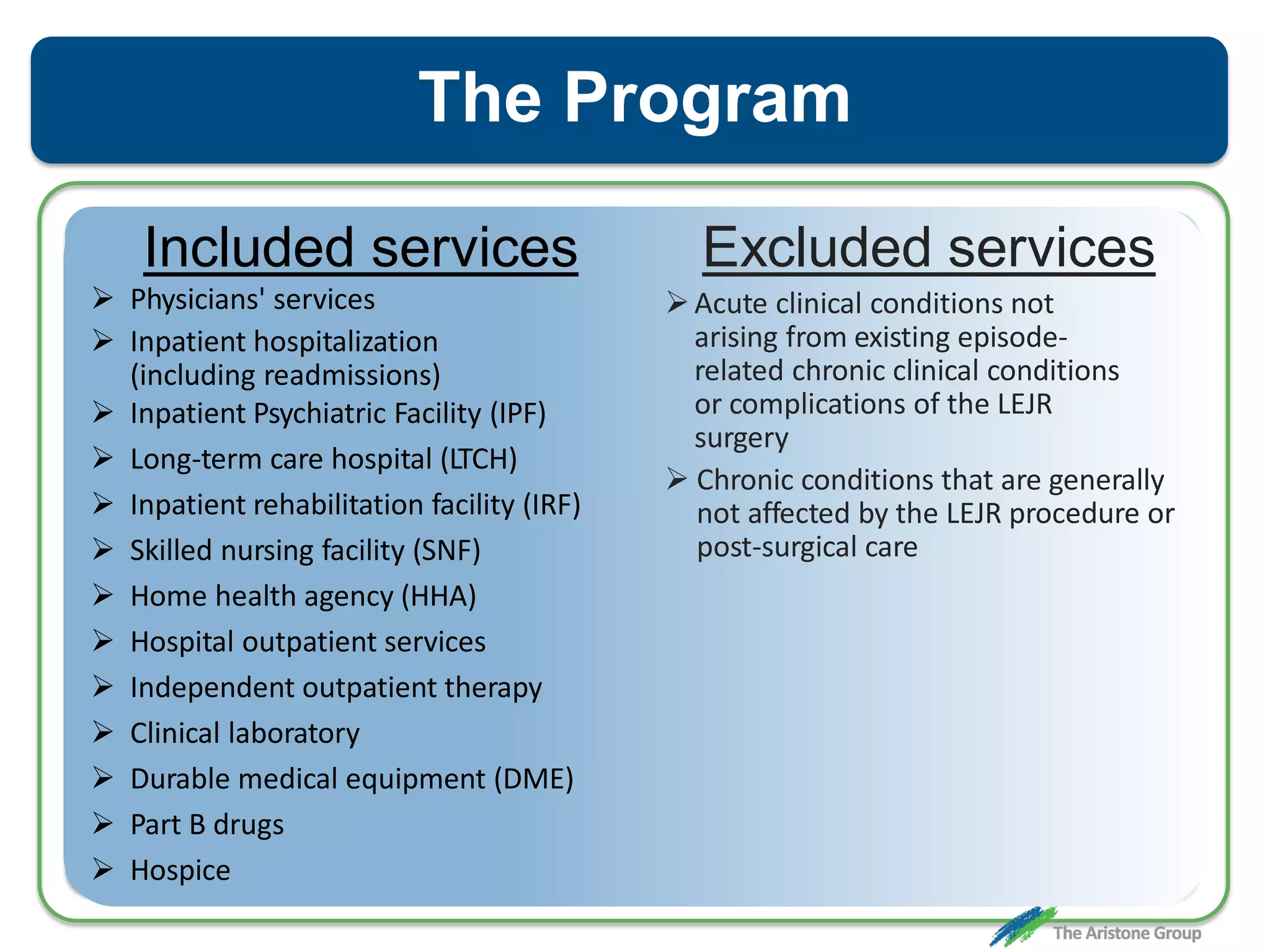 The Program
Included services
 Physicians' services
 Inpatient hospitalization
(including readmissions)
 Inpatient Psychiatric Facility (IPF)
 Long-term care hospital (LTCH)
 Inpatient rehabilitation facility (IRF)
 Skilled nursing facility (SNF)
 Home health agency (HHA)
 Hospital outpatient services
 Independent outpatient therapy
 Clinical laboratory
 Durable medical equipment (DME)
 Part B drugs
 Hospice
Excluded services
Acute clinical conditions not
arising from existing episode-
related chronic clinical conditions
or complications of the LEJR
surgery
 Chronic conditions that are generally
not affected by the LEJR procedure or
post-surgical care
 