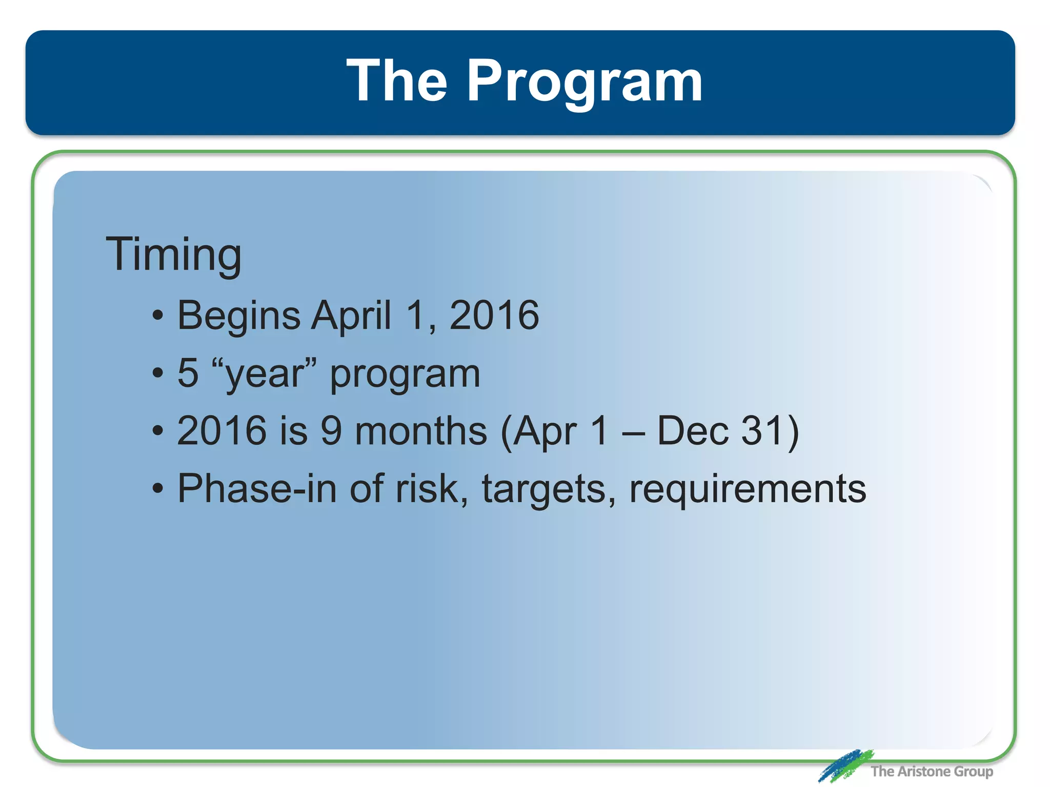 The Program
Timing
• Begins April 1, 2016
• 5 “year” program
• 2016 is 9 months (Apr 1 – Dec 31)
• Phase-in of risk, targets, requirements
 