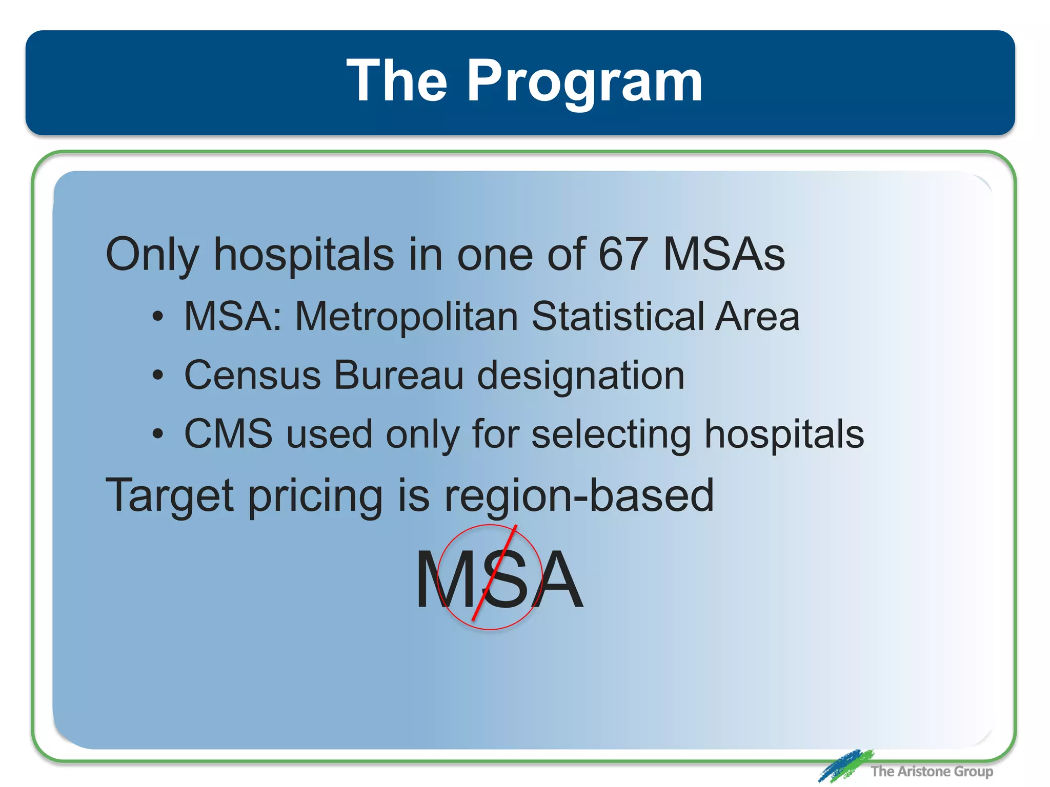 The Program
Only hospitals in one of 67 MSAs
• MSA: Metropolitan Statistical Area
• Census Bureau designation
• CMS used only for selecting hospitals
Target pricing is region-based
MSA
 