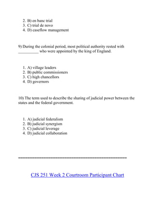 2. B) en banc trial
3. C) trial de novo
4. D) caseflow management
9) During the colonial period, most political authority rested with
__________ who were appointed by the king of England.
1. A) village leaders
2. B) public commissioners
3. C) high chancellors
4. D) governors
10) The term used to describe the sharing of judicial power between the
states and the federal government.
1. A) judicial federalism
2. B) judicial synergism
3. C) judicial leverage
4. D) judicial collaboration
===============================================
CJS 251 Week 2 Courtroom Participant Chart
 