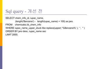 Sql query - ?? ?
SELECT chem_info_id, iupac_name,
(length('Benzene') - length(iupac_name) + 100) as jaro
FROM chemicalsc.tb_chem_info
WHERE iupac_name_upper_stuck like replace(upper( '%Benzene%' ), ' ', '' )
ORDER BY jaro desc, iupac_name asc
LIMIT 2000;
 