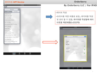 벤치마킹 APP Review                 Orderberry
                        By Orderberry LLC / For IPAD


                  • 레시피 작성
                  -요리사를 위한 어플로 보임.. 레시피를 작성
                  및 관리 할 수 있음. 레시피를 작성할때 레이
                  아웃을 제공해줌(노란상자)




                                                5
 