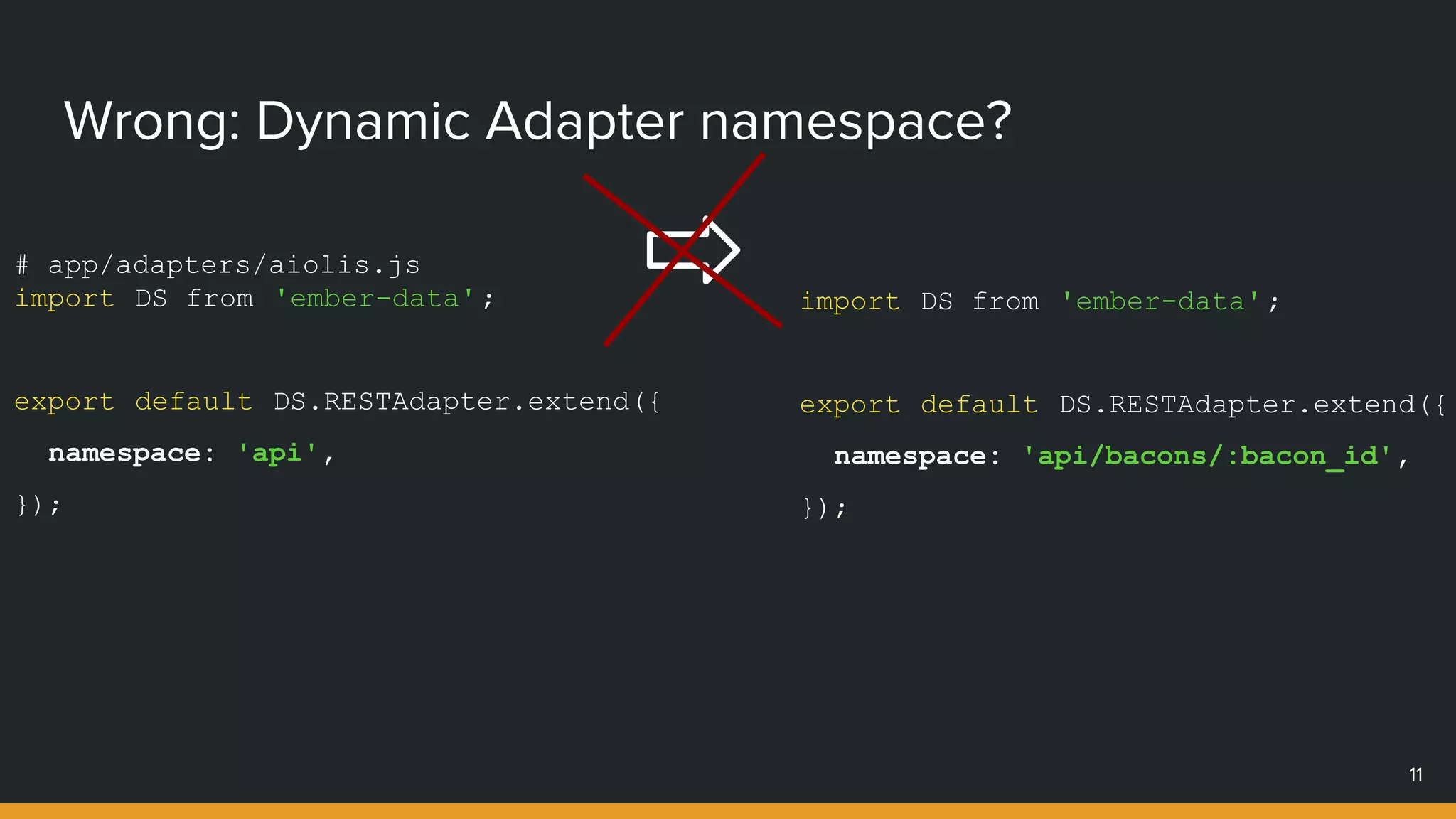 Wrong: Dynamic Adapter namespace?
11
# app/adapters/aiolis.js
import DS from 'ember-data';
export default DS.RESTAdapter.extend({
namespace: 'api',
});
import DS from 'ember-data';
export default DS.RESTAdapter.extend({
namespace: 'api/bacons/:bacon_id',
});
 