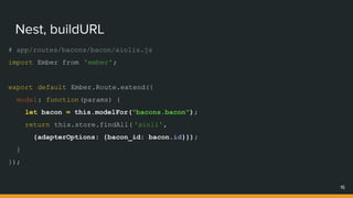 # app/routes/bacons/bacon/aiolis.js
import Ember from 'ember';
export default Ember.Route.extend({
model: function(params) {
let bacon = this.modelFor("bacons.bacon");
return this.store.findAll( 'aioli',
{adapterOptions: {bacon_id: bacon.id}});
}
});
Nest, buildURL
16
 
