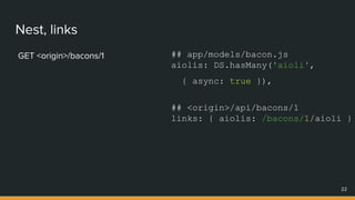 Nest, links
GET <origin>/bacons/1
22
## app/models/bacon.js
aiolis: DS.hasMany('aioli',
{ async: true }),
## <origin>/api/bacons/1
links: { aiolis: /bacons/1/aioli }
 
