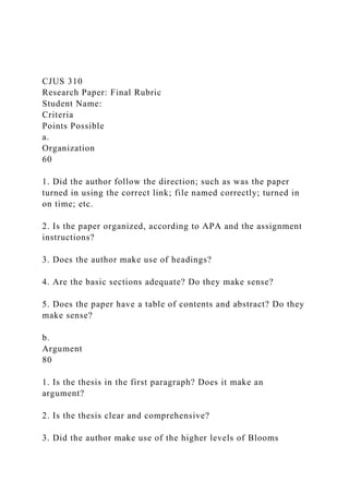 CJUS 310
Research Paper: Final Rubric
Student Name:
Criteria
Points Possible
a.
Organization
60
1. Did the author follow the direction; such as was the paper
turned in using the correct link; file named correctly; turned in
on time; etc.
2. Is the paper organized, according to APA and the assignment
instructions?
3. Does the author make use of headings?
4. Are the basic sections adequate? Do they make sense?
5. Does the paper have a table of contents and abstract? Do they
make sense?
b.
Argument
80
1. Is the thesis in the first paragraph? Does it make an
argument?
2. Is the thesis clear and comprehensive?
3. Did the author make use of the higher levels of Blooms
 