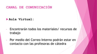 CANAL DE COMUNICACIÓN
 Aula Virtual:
- Encontrarán todos los materiales/ recursos de
trabajo
- Por medio del Correo Interno podrán estar en
contacto con las profesoras de cátedra
 