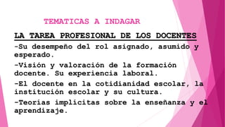 TEMATICAS A INDAGAR
LA TAREA PROFESIONAL DE LOS DOCENTES
-Su desempeño del rol asignado, asumido y
esperado.
-Visión y valoración de la formación
docente. Su experiencia laboral.
-El docente en la cotidianidad escolar, la
institución escolar y su cultura.
-Teorías implícitas sobre la enseñanza y el
aprendizaje.
 
