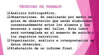 TÉCNICAS DE TRABAJO
 Análisis bibliográfico.
 Observaciones. Se realizarán por medio de
guías de observación que serán elaboradas
consensuadamente entre los alumnos y los
docentes a cargo del taller. Esta labor
será contemplada en el momento de escribir
los registros narrativos.
 Organización, análisis e interpretación de
datos obtenidos.
 Elaboración de un informe final.
 