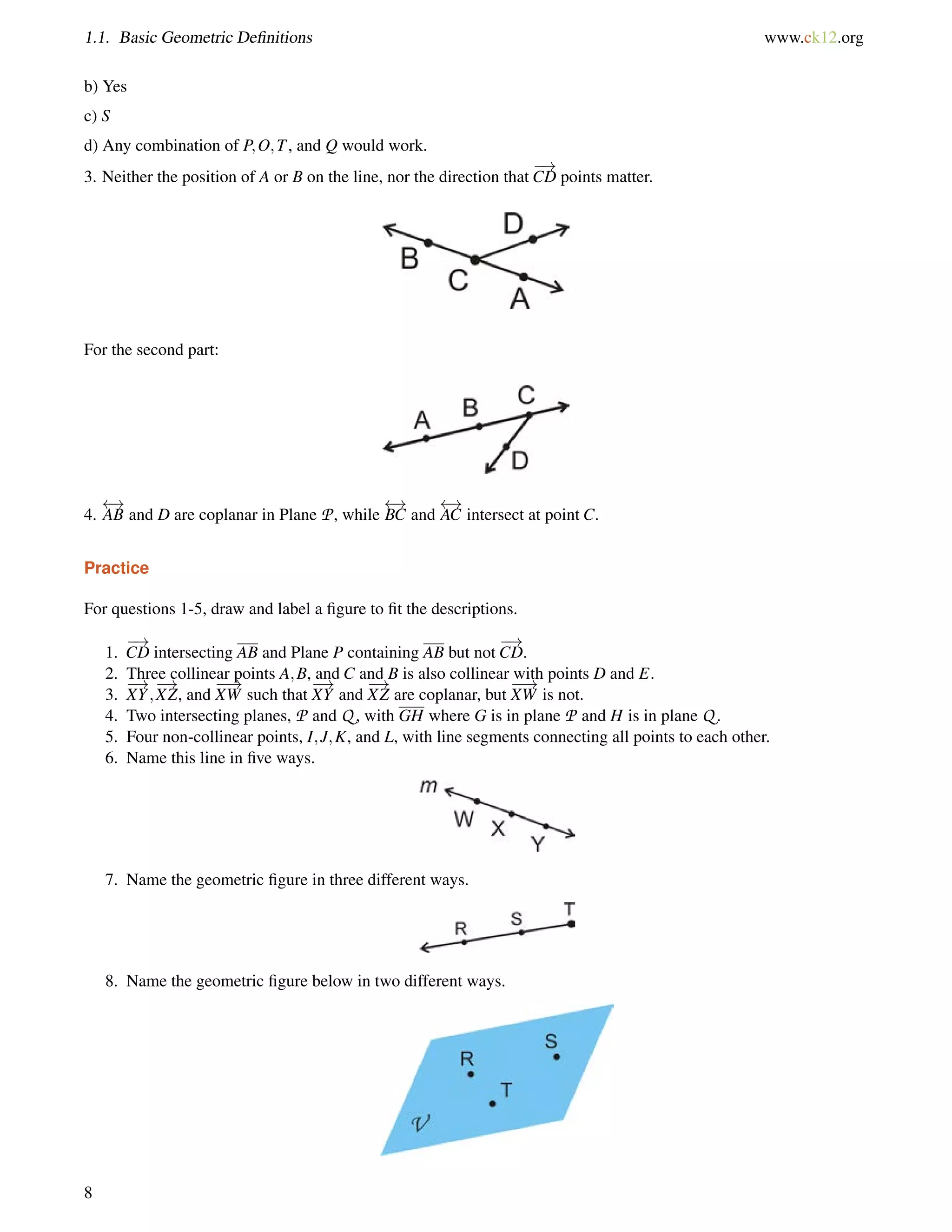 1.1. Basic Geometric Definitions www.ck12.org 
b) Yes 
c) S 
d) Any combination of P;O;T, and Q would work. 
3. Neither the position of A or B on the line, nor the direction that 
! 
CD points matter. 
For the second part: 
4. 
 ! 
AB and D are coplanar in Plane P, while 
 ! 
BC and 
 ! 
AC intersect at point C. 
Practice 
For questions 1-5, draw and label a figure to fit the descriptions. 
1. 
! 
CD intersecting AB and Plane P containing AB but not 
! 
CD. 
2. Three collinear points A;B, and C and B is also collinear with points D and E. 
! 
! 
! 
! 
! 
! 
3. 
XY; 
XZ, and 
XW such that 
XY and 
XZ are coplanar, but 
XW is not. 
4. Two intersecting planes, P and Q , with GH where G is in plane P and H is in plane Q . 
5. Four non-collinear points, I;J;K, and L, with line segments connecting all points to each other. 
6. Name this line in five ways. 
7. Name the geometric figure in three different ways. 
8. Name the geometric figure below in two different ways. 
8 
 