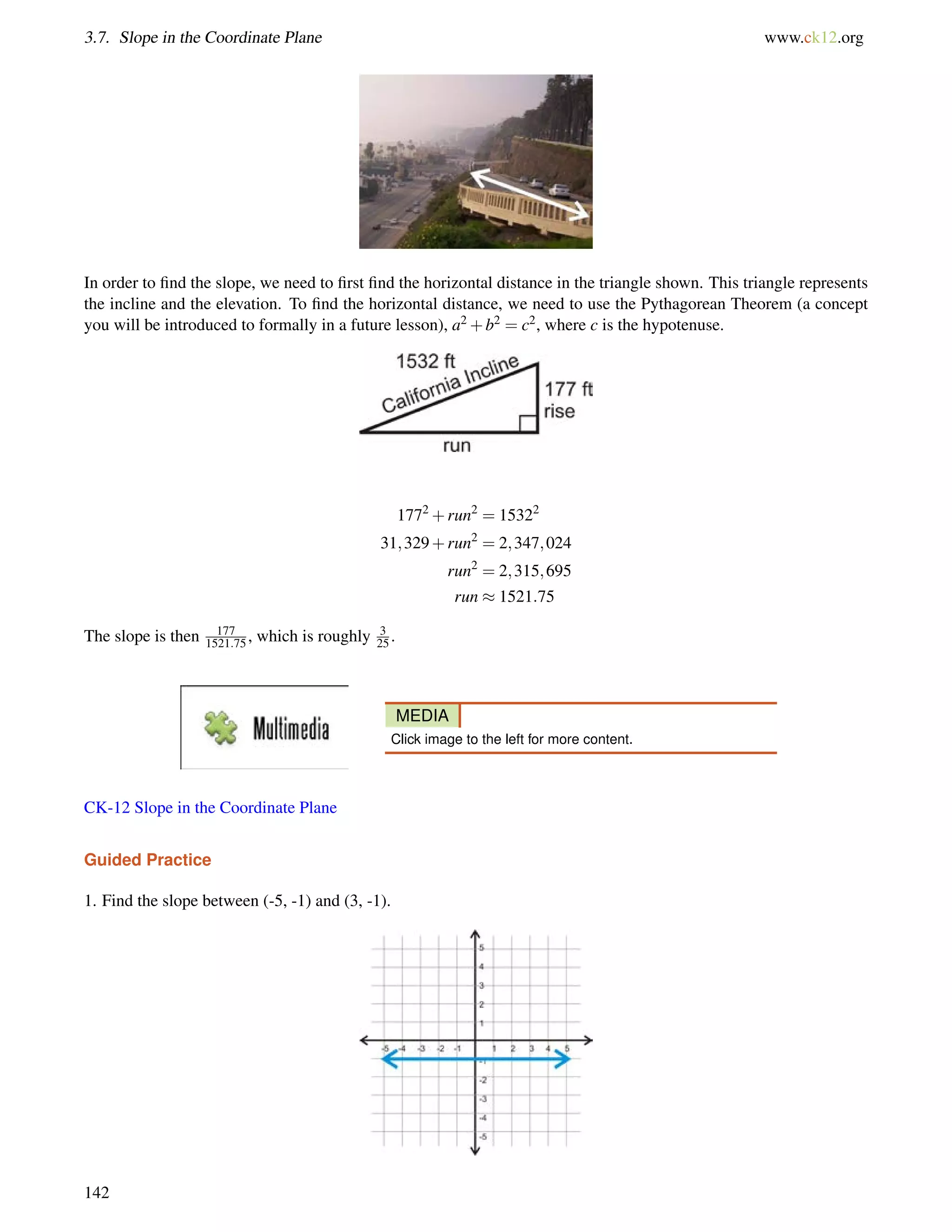 3.7. Slope in the Coordinate Plane www.ck12.org 
In order to find the slope, we need to first find the horizontal distance in the triangle shown. This triangle represents 
the incline and the elevation. To find the horizontal distance, we need to use the Pythagorean Theorem (a concept 
you will be introduced to formally in a future lesson), a2+b2 = c2, where c is the hypotenuse. 
1772+run2 = 15322 
31;329+run2 = 2;347;024 
run2 = 2;315;695 
run  1521:75 
The slope is then 177 
1521:75 , which is roughly 3 
25 . 
MEDIA 
Click image to the left for more content. 
CK-12 Slope in the Coordinate Plane 
Guided Practice 
1. Find the slope between (-5, -1) and (3, -1). 
142 
 