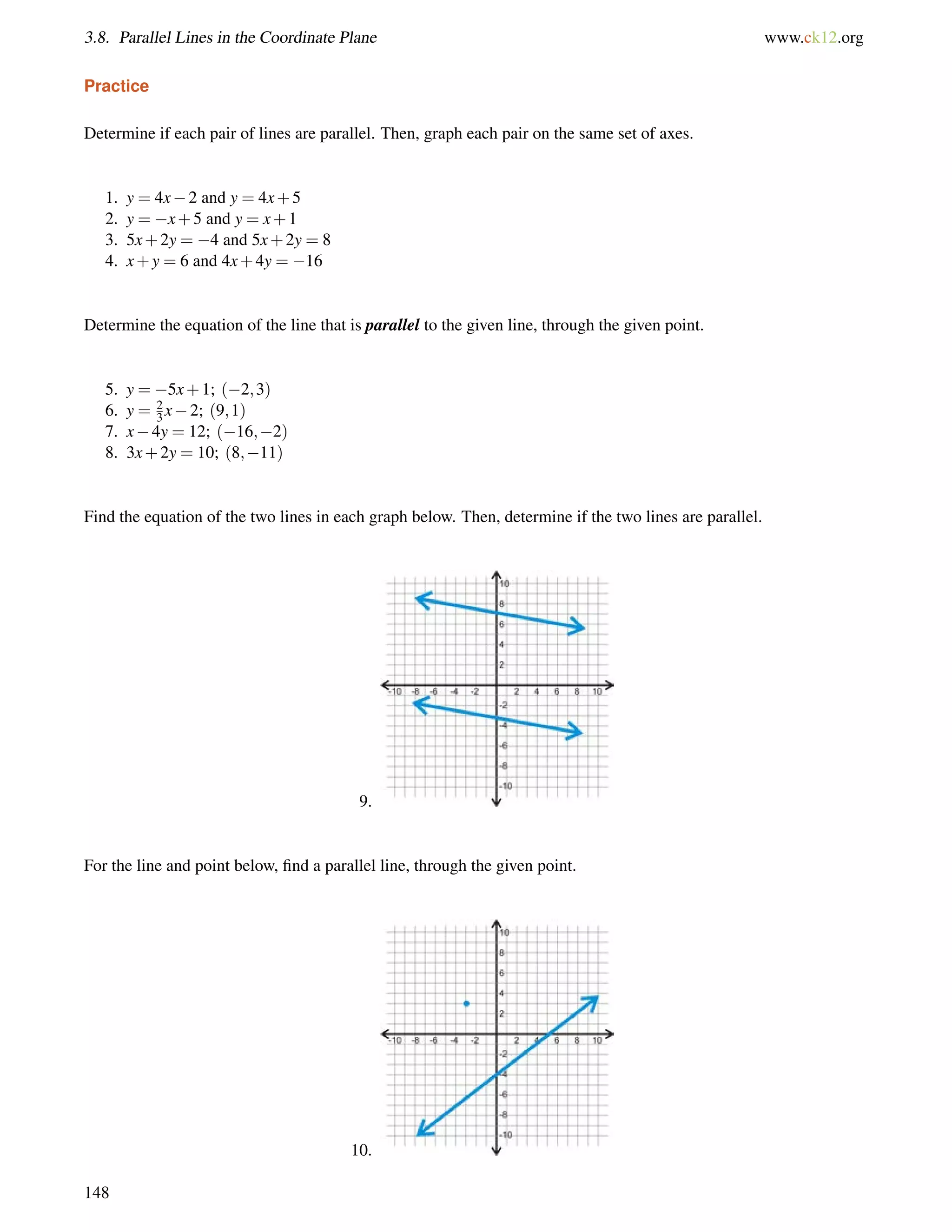 3.8. Parallel Lines in the Coordinate Plane www.ck12.org 
Practice 
Determine if each pair of lines are parallel. Then, graph each pair on the same set of axes. 
1. y = 4x2 and y = 4x+5 
2. y = x+5 and y = x+1 
3. 5x+2y = 4 and 5x+2y = 8 
4. x+y = 6 and 4x+4y = 16 
Determine the equation of the line that is parallel to the given line, through the given point. 
5. y = 5x+1; (2;3) 
6. y = 2 
3x2; (9;1) 
7. x4y = 12; (16;2) 
8. 3x+2y = 10; (8;11) 
Find the equation of the two lines in each graph below. Then, determine if the two lines are parallel. 
9. 
For the line and point below, find a parallel line, through the given point. 
10. 
148 
 