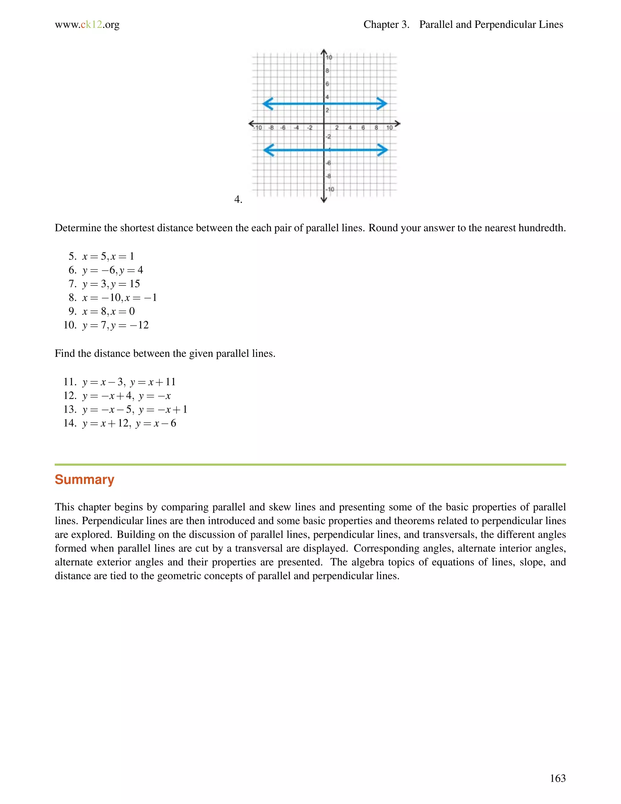 www.ck12.org Chapter 3. Parallel and Perpendicular Lines 
4. 
Determine the shortest distance between the each pair of parallel lines. Round your answer to the nearest hundredth. 
5. x = 5;x = 1 
6. y = 6;y = 4 
7. y = 3;y = 15 
8. x = 10;x = 1 
9. x = 8;x = 0 
10. y = 7;y = 12 
Find the distance between the given parallel lines. 
11. y = x3; y = x+11 
12. y = x+4; y = x 
13. y = x5; y = x+1 
14. y = x+12; y = x6 
Summary 
This chapter begins by comparing parallel and skew lines and presenting some of the basic properties of parallel 
lines. Perpendicular lines are then introduced and some basic properties and theorems related to perpendicular lines 
are explored. Building on the discussion of parallel lines, perpendicular lines, and transversals, the different angles 
formed when parallel lines are cut by a transversal are displayed. Corresponding angles, alternate interior angles, 
alternate exterior angles and their properties are presented. The algebra topics of equations of lines, slope, and 
distance are tied to the geometric concepts of parallel and perpendicular lines. 
163 
 